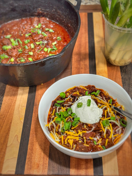Smoked chuck roast chili on the Kamado Joe
