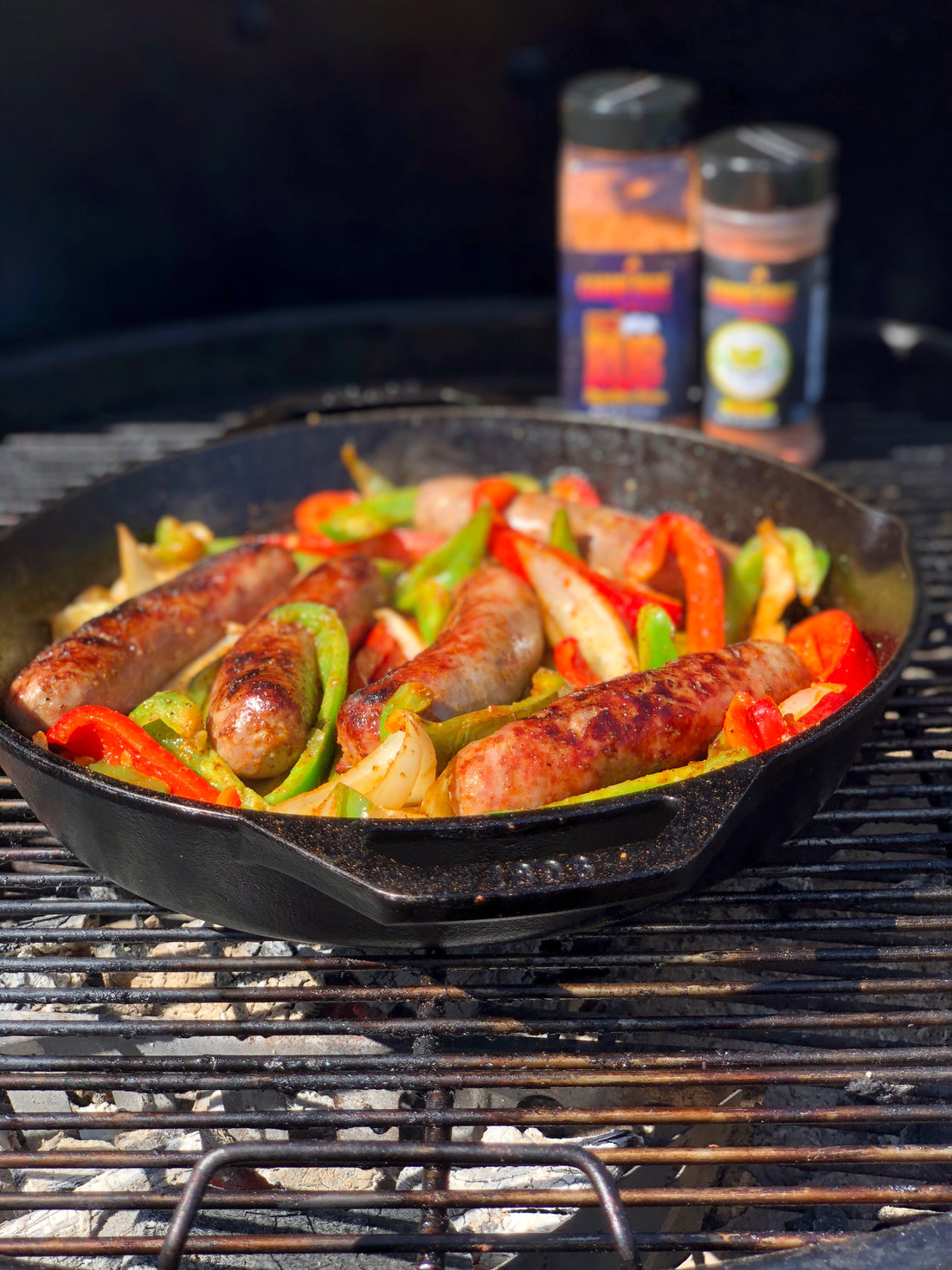 Grilled Beer Brats with peppers and onions