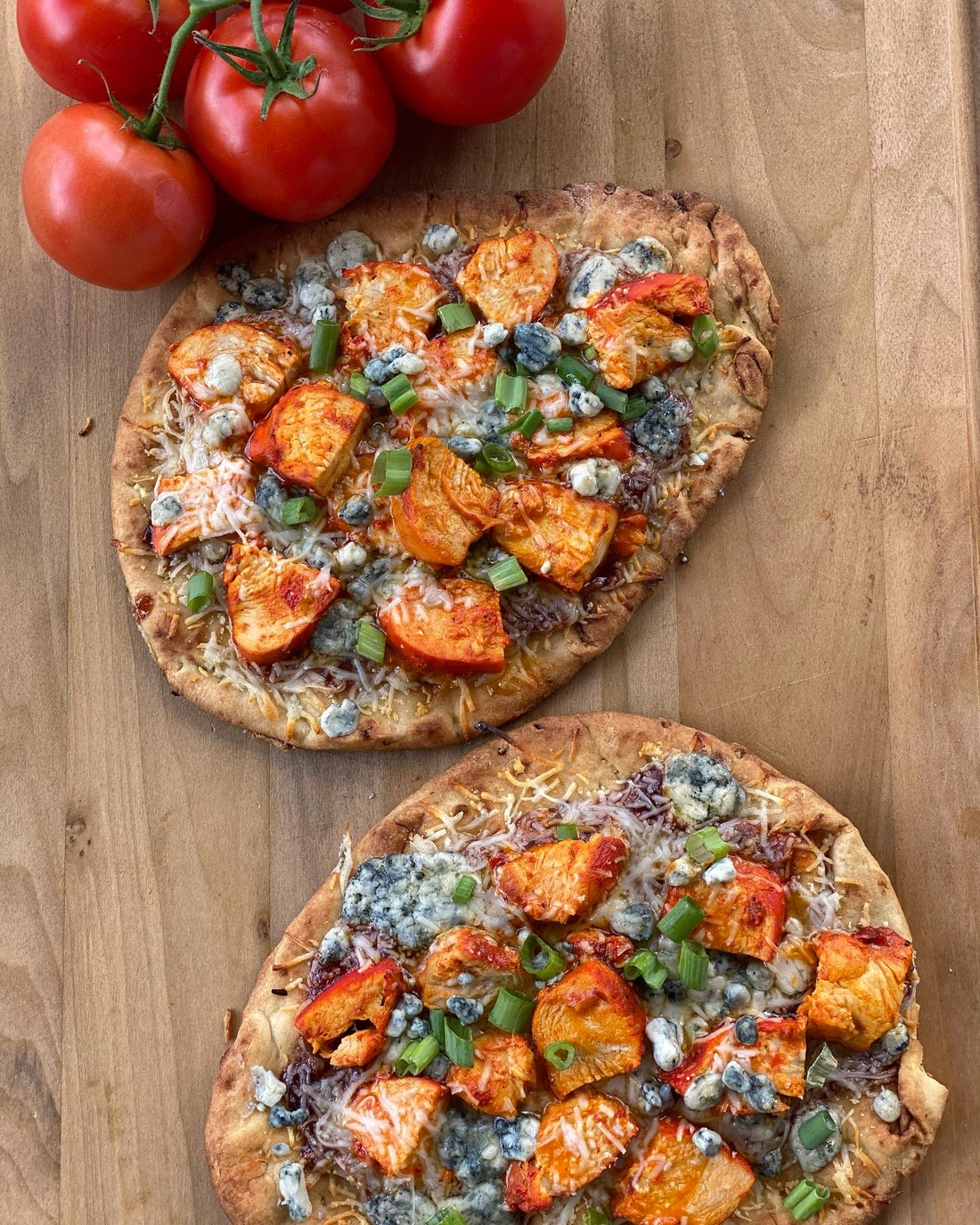 Buffalo chicken naan flatbread pizza