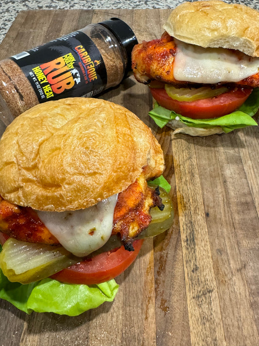 Grilled Honey Heat chicken sandwich on a Weber Grill