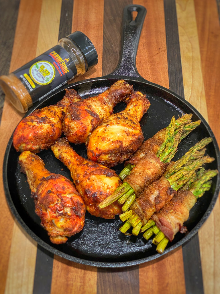Air Fryer Chicken Drumsticks and bacon wrapped asparagus!