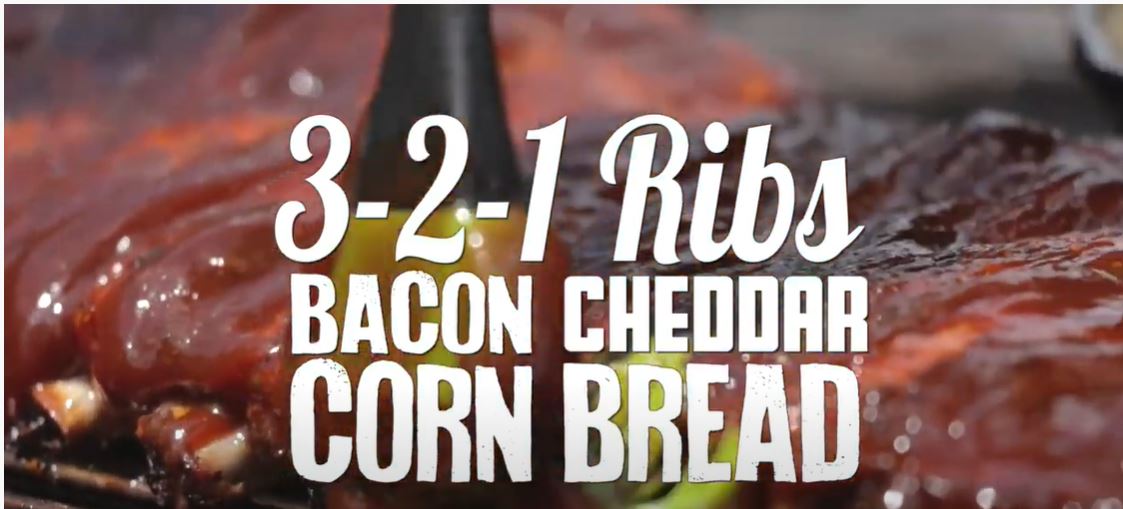 Load video: BBQ RIBS 3-2-1 STYLE ON THE WEBER KETTLE AND CAST IRON CHEDDAR CORNBREAD RECIPE!